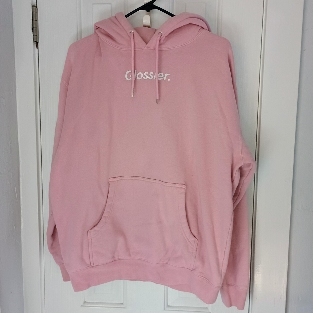Glossier Pink Hoodie Sweatshirt Logo Spellout Kangaroo Pocket Womens Size Medium